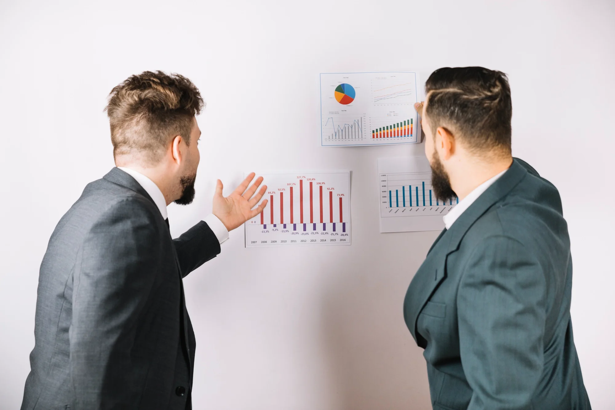 Two professional men in suits standing in front of a white wall reviewing various printed growth charts, bar graphs, and pie charts.